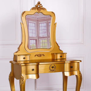 French Antique Vanity Mirror, Dressing Table and Stool - Gold