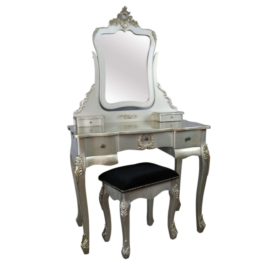 French Antique Vanity Mirror, Dressing Table and Stool - Silver