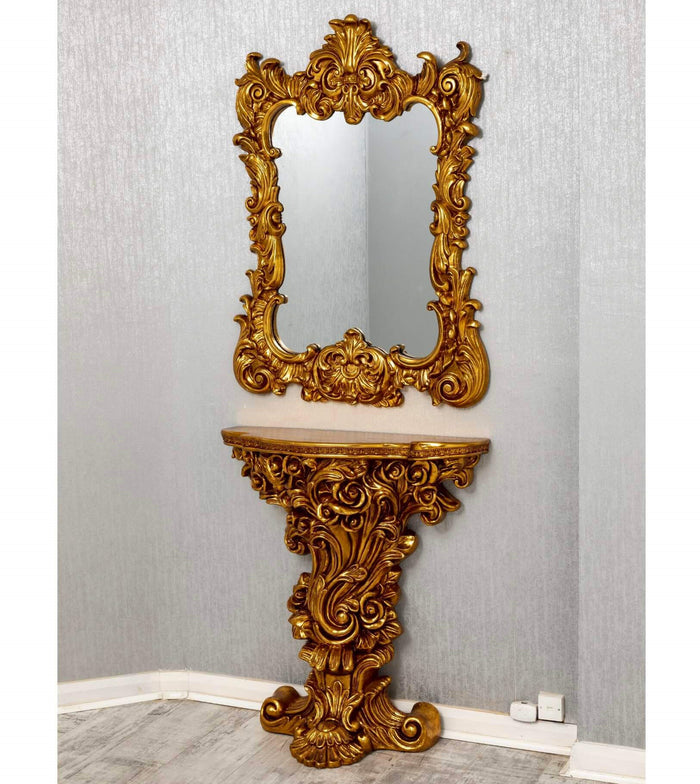 French Ornate Wall Mirror Console Set - Gold