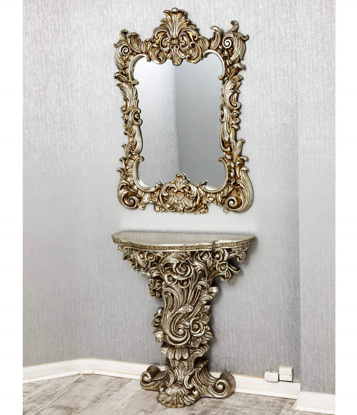 French Ornate Wall Mirror Console Set - Silver