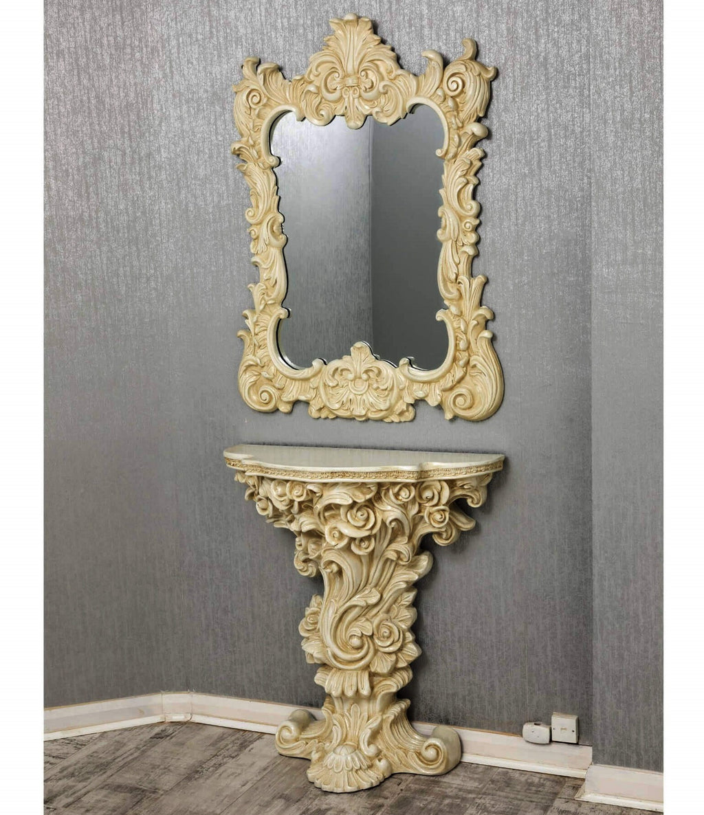 French Ornate Wall Mirror Console Set - White